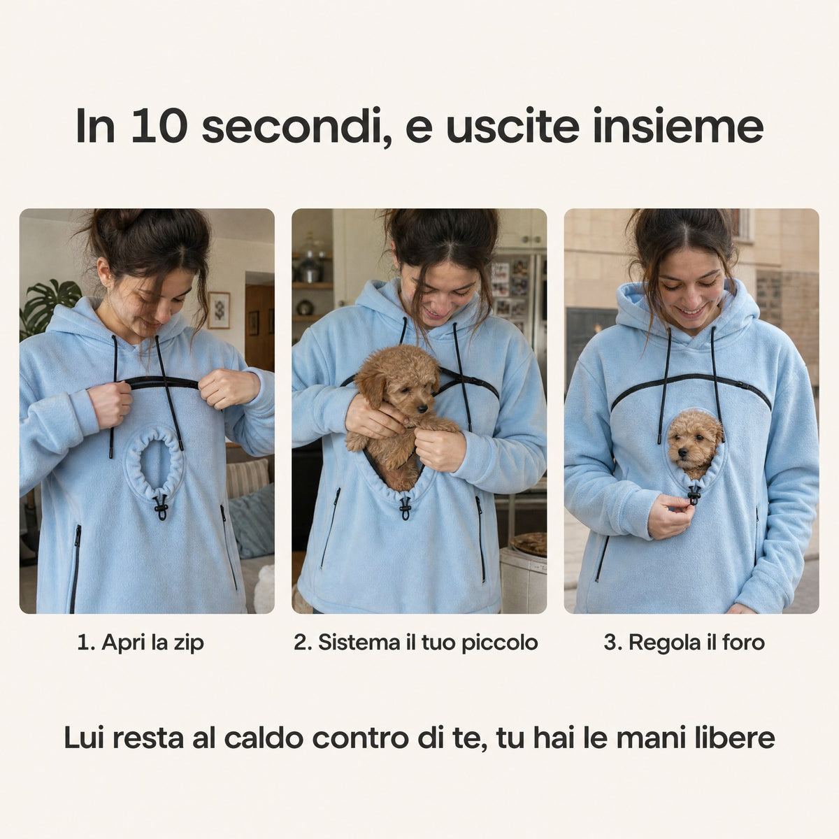 Come si usa la felpa marsupio in tre passaggi: apri la zip, sistema il cane, regola il foro