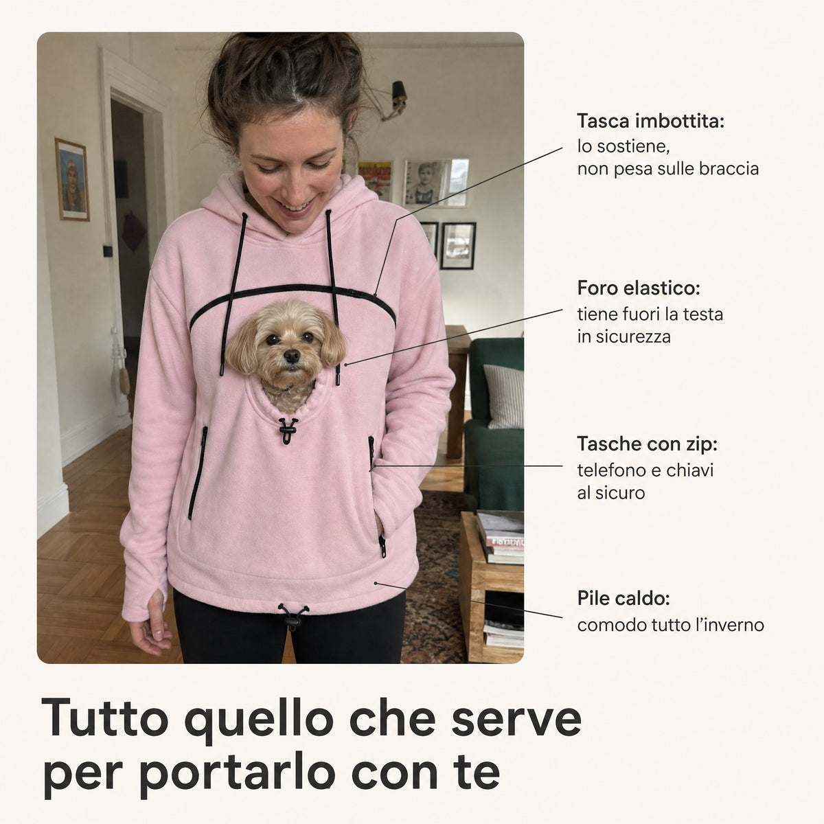 Tasca imbottita, foro elastico regolabile, tasche con zip e pile caldo