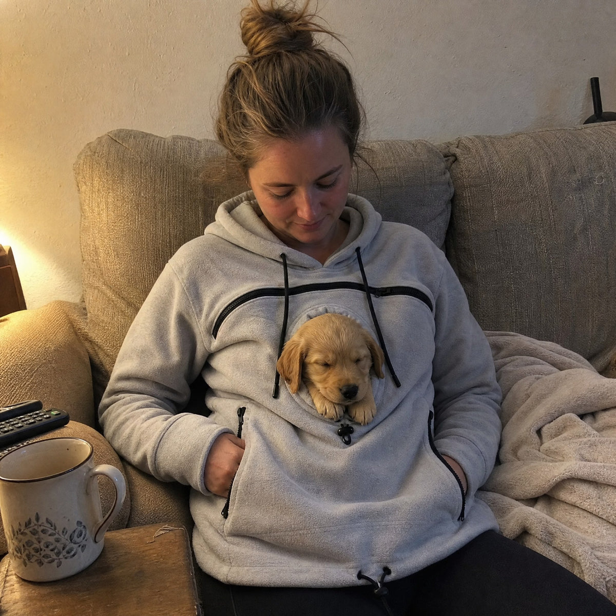 Cucciolo addormentato nella felpa marsupio grigia, sul divano di casa
