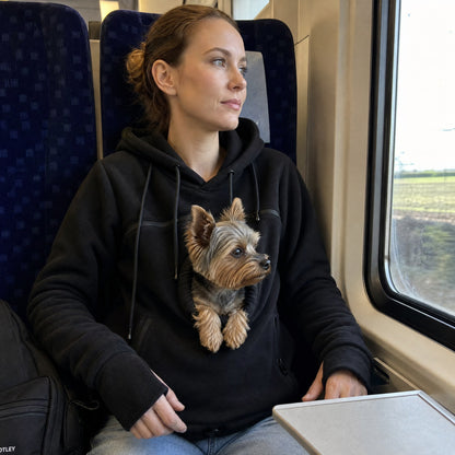 In treno con la felpa marsupio nera e uno yorkshire che guarda dal finestrino