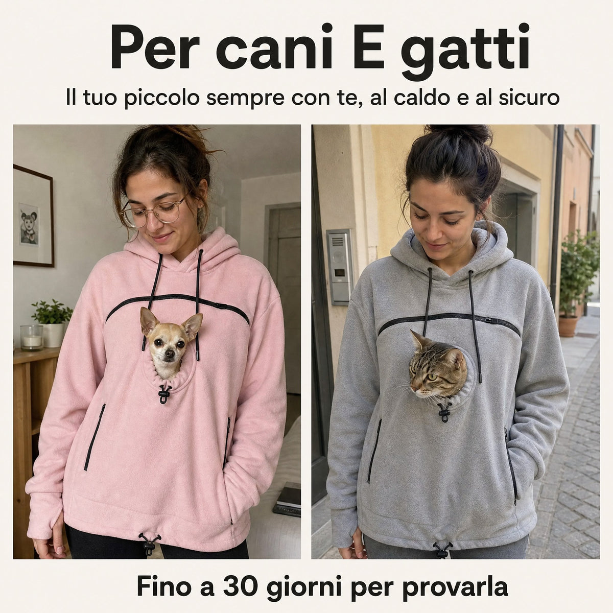 Per cani e gatti: la felpa marsupio con un chihuahua e con un gatto tigrato