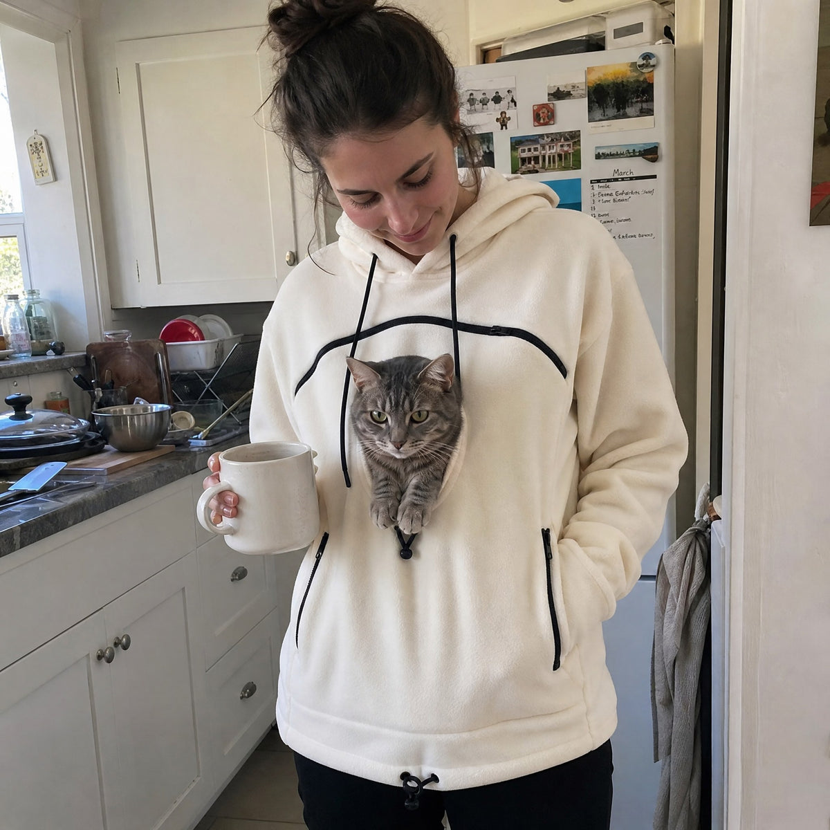 Gatto tigrato dentro la tasca della felpa marsupio, in cucina